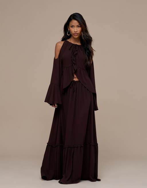 Wanderdoll Meadow tiered maxi skirt co-ord in chocolate, 3 of 4