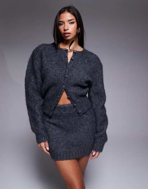 Wanderdoll Misty wool blend sparkly button up cardigan in charcoal - part of a set - view 1