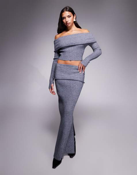 Wanderdoll - Mollie - Ensemble pull à encolure Bardot à revers et jupe longue en maille côtelée - Gris anthracite - view 1