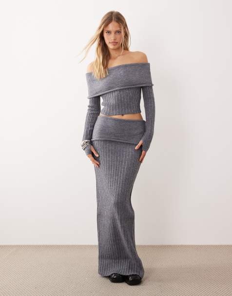 Wanderdoll Mollie textured ribbed knit deep foldover maxi skirt co-ord in charcoal