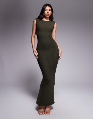 Wanderdoll Wanderdoll Naomi sculpting sleeveless shoulder pad detail bodycon maxi dress in forest green