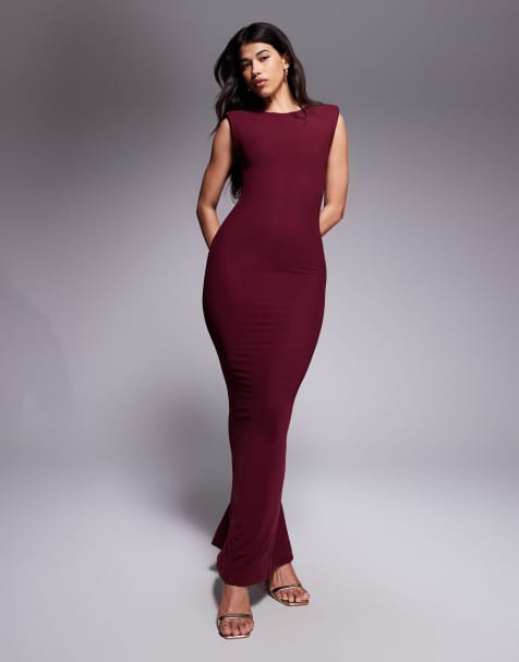 Wanderdoll Naomi sculpting sleeveless shoulder pad detail bodycon maxi dress in wine - view 1