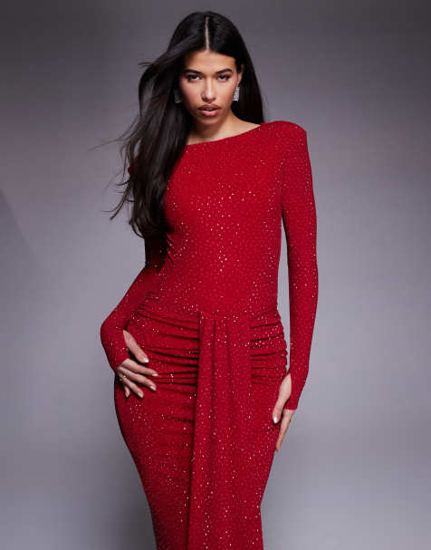 Wanderdoll Nara sculpted hotfix slash neck bodysuit co-ord in red