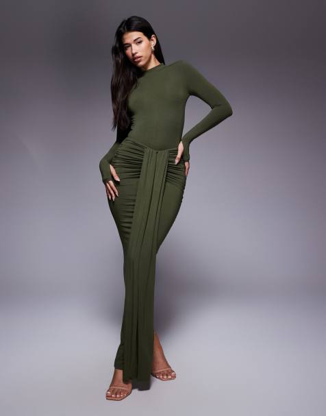 Wanderdoll Nara drape front maxi skirt and second skin high neck long sleeve bodysuit set in olive - view 1