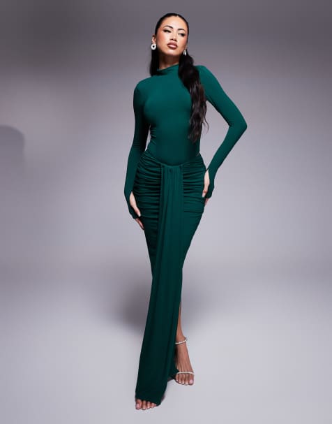 Wanderdoll Nara drape front maxi skirt co-ord in emerald - view 1