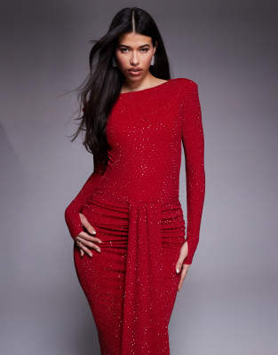 Wanderdoll - Nara - Figurbetonter Bodysuit in Rot mit Strassverzierung und U-Boot-Ausschnitt, Kombiteil