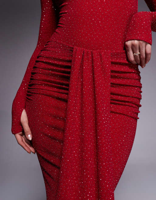 Wanderdoll - Nara - Gonna lunga drappeggiata modellante rossa con dettagli applicati a caldo in coordinato, 5 di 5