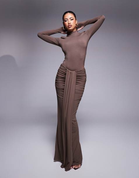 Wanderdoll Nara high neck bodysuit and maxi skirt set in chocolate - view 1