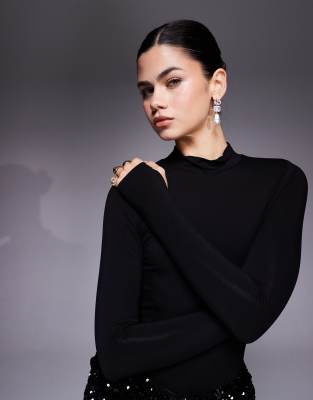 Wanderdoll Nara Sculpted High Neck Bodysuit Co-ord In Black