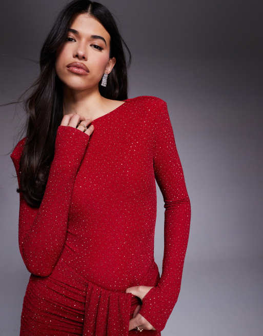 Wanderdoll Nara sculpted hotfix slash neck bodysuit in red (part of a set), 3 of 4