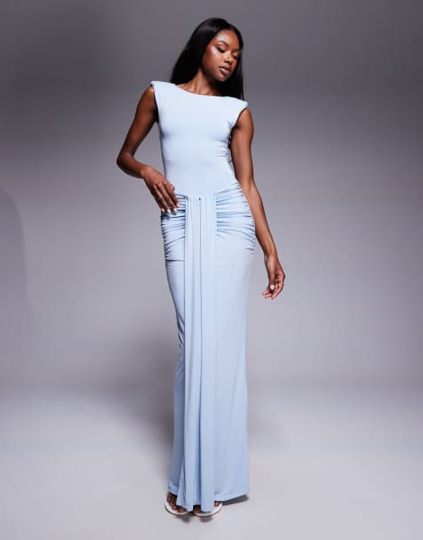 Wanderdoll Nara sculpting second skin drape front maxi skirt co-ord in baby blue - view 1