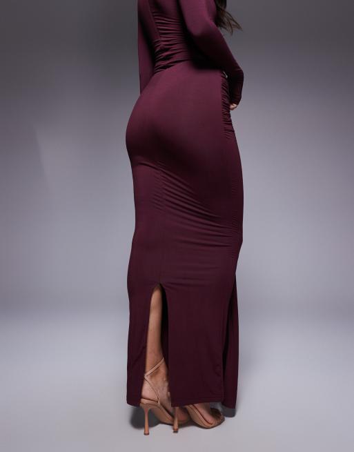 Wanderdoll Nara sculpting second skin drape front maxi skirt co-ord in plum, 5 of 5