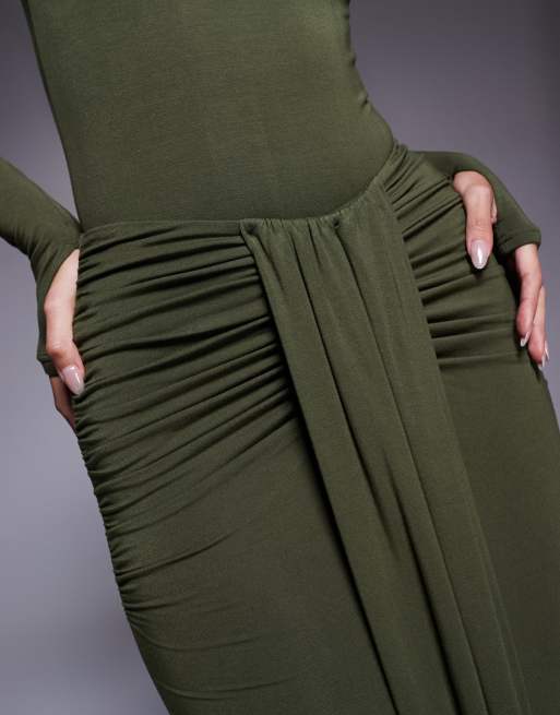 Wanderdoll Nara sculpting second skin drape front maxi skirt in olive - part of a set