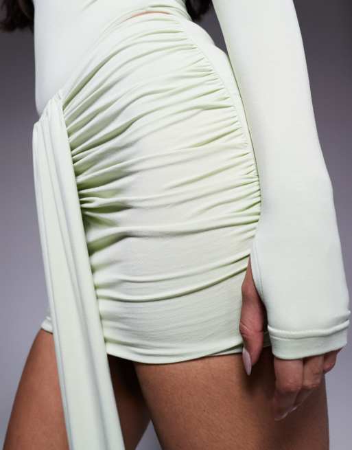 Wanderdoll Nara sculpting second skin drape front mini skirt co-ord in matcha, 5 of 5