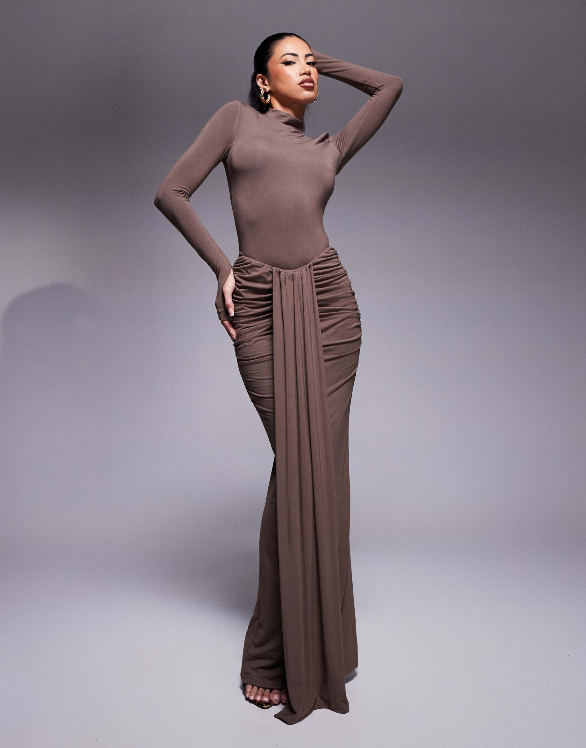 wanderdoll nara second skin drape front maxi skirt in chocolate - part of a set