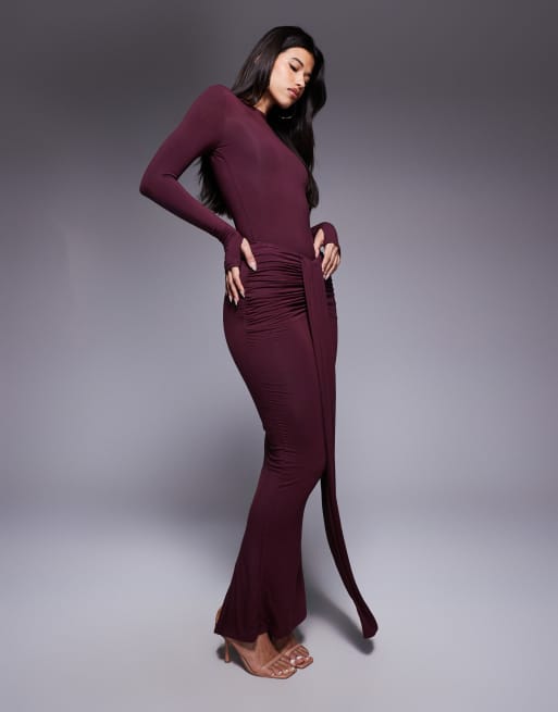 Wanderdoll Nara second skin slinky drape front maxi skirt in blackcurrant - part of a set