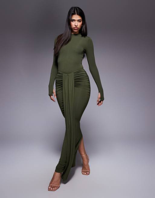 Wanderdoll Nara second skin slinky drape front maxi skirt in olive - part of a set