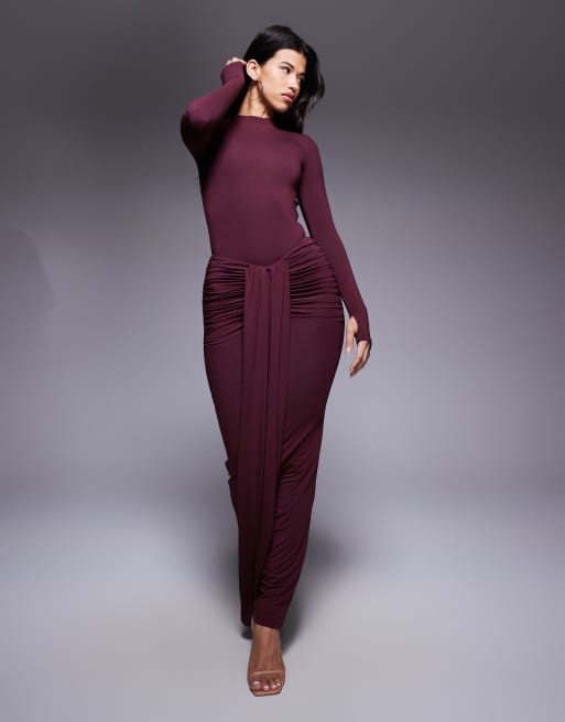 Wanderdoll Nara second skin slinky high neck long sleeve body and maxi skirt co-ord in blackcurrant