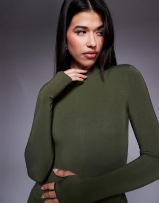 Wanderdoll Wanderdoll Nara second skin slinky high neck long sleeve body co-ord in olive-Green