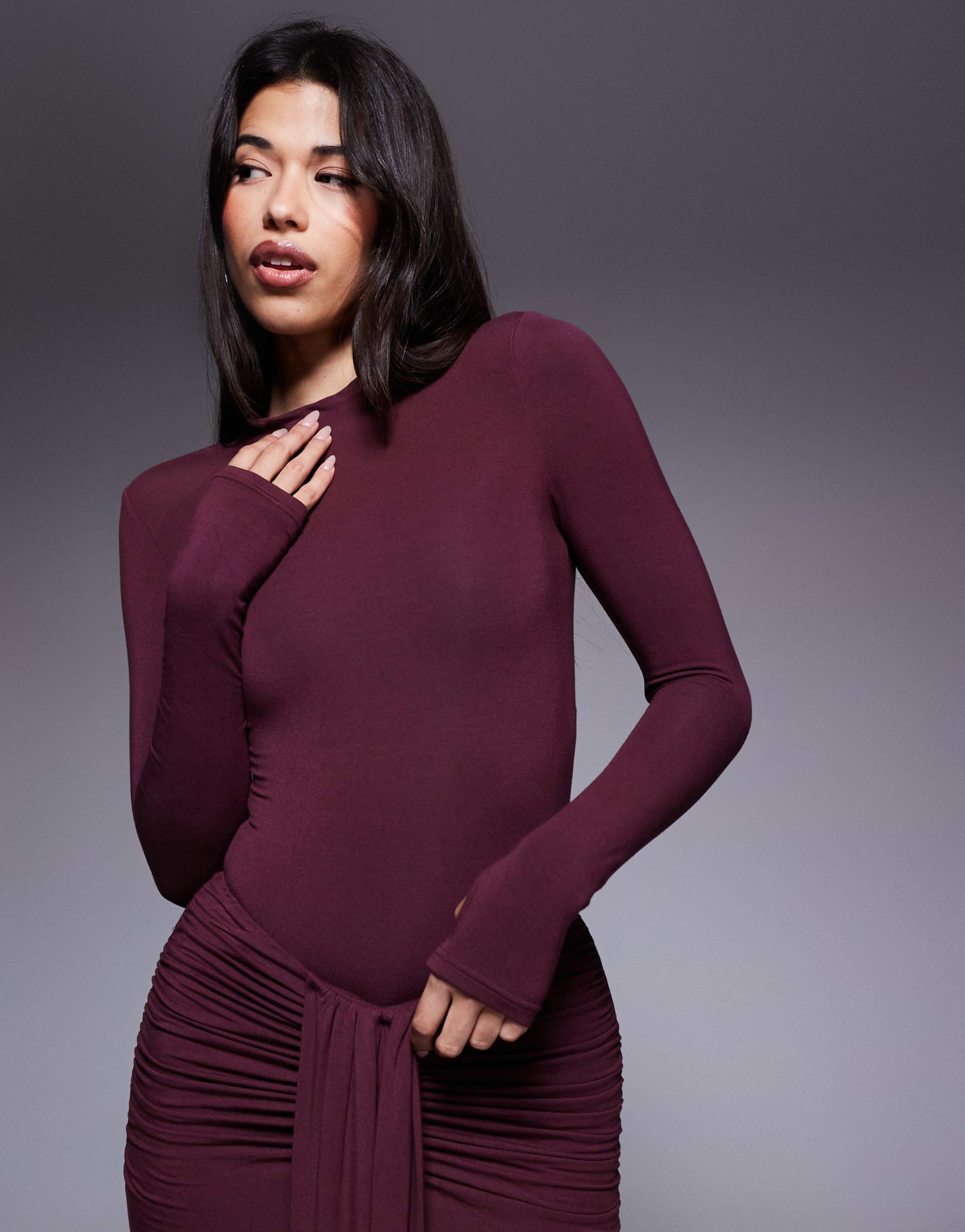 wanderdoll nara second skin slinky high neck long sleeve bodysuit in blackcurrant - part of a set