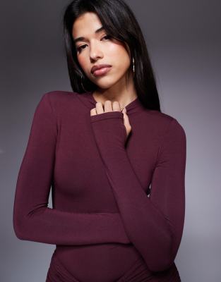 Wanderdoll Nara Second Skin Slinky High Neck Long Sleeve Bodysuit In Purple