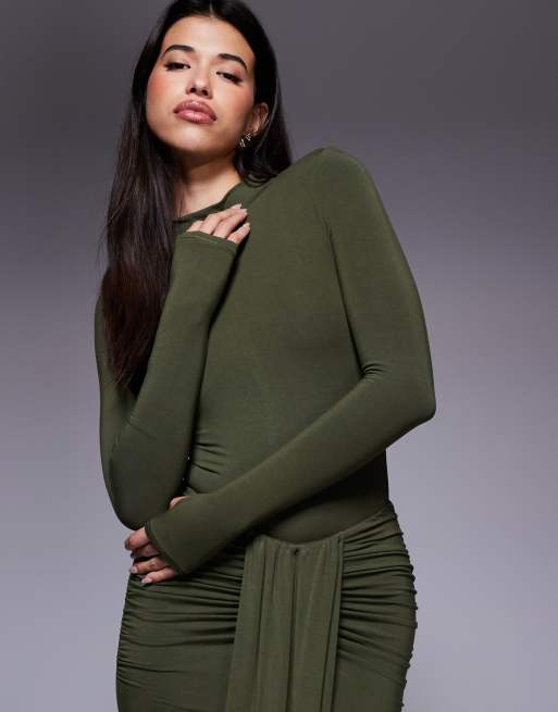 Wanderdoll Nara second skin slinky high neck long sleeve bodysuit in olive - part of a set