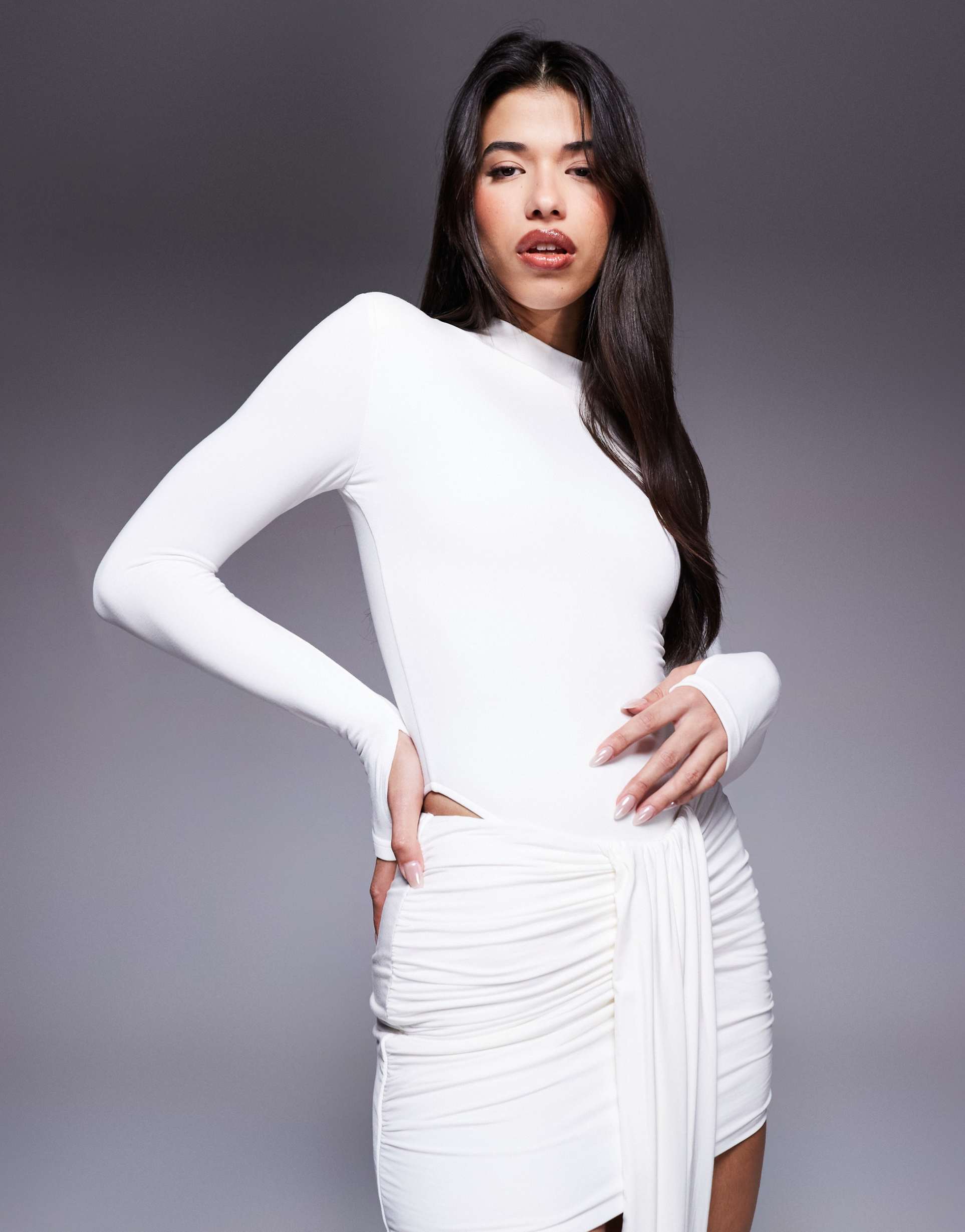 wanderdoll nara second skin slinky high neck long sleeve bodysuit in white - part of a set