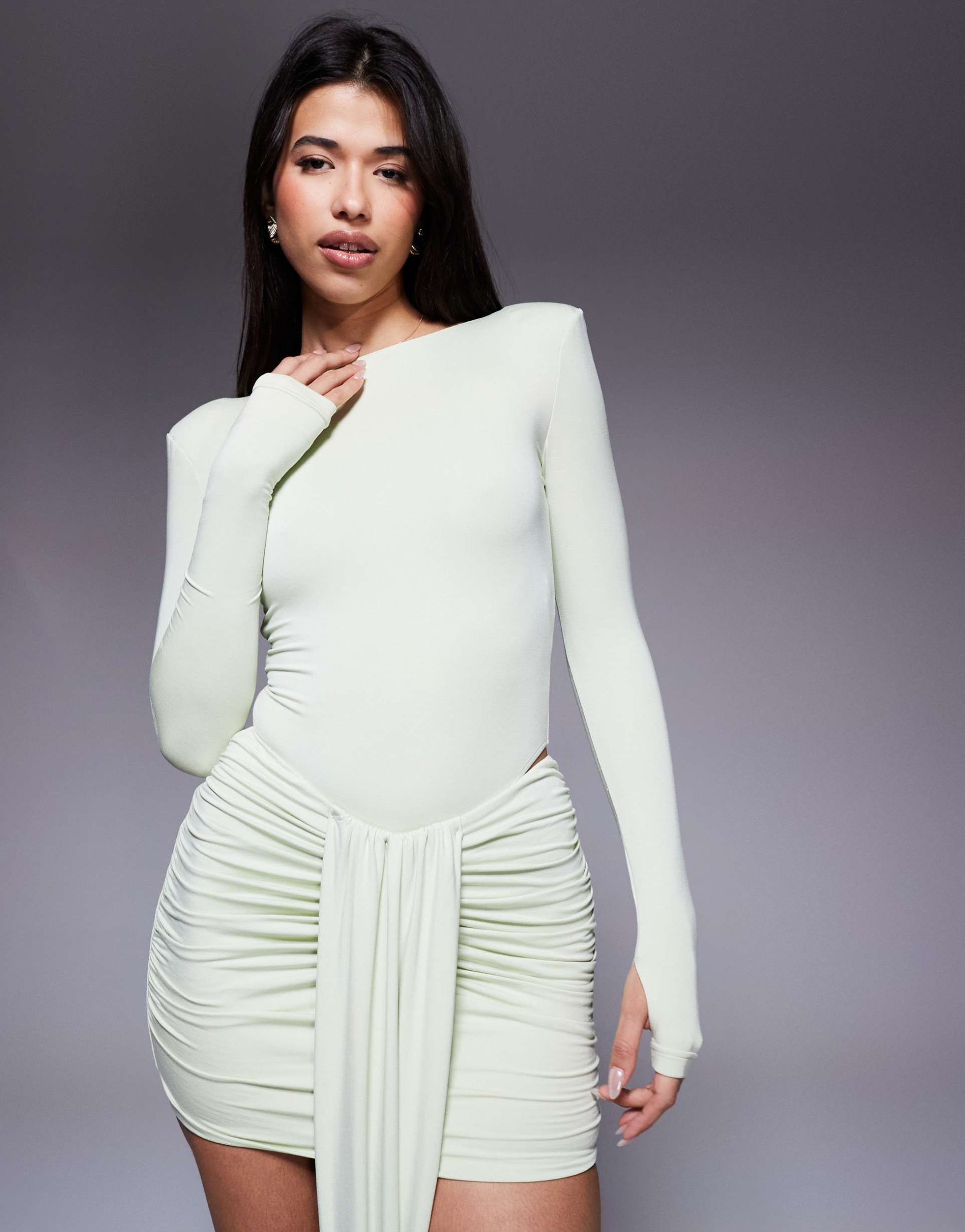 wanderdoll nara second skin slinky slash neck long sleeve bodysuit in mint - part of a set