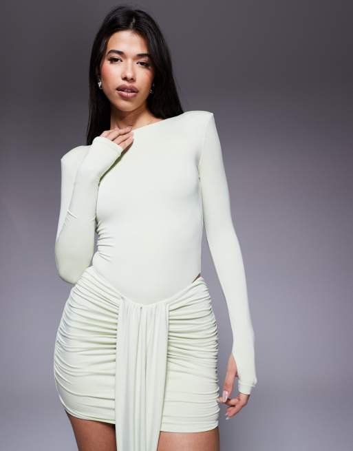 Wanderdoll Nara second skin slinky slash neck long sleeve bodysuit in mint - part of a set