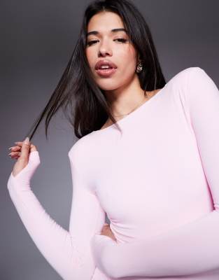 Wanderdoll Nara Second Skin Slinky Slash Neck Long Sleeve Bodysuit In Pink