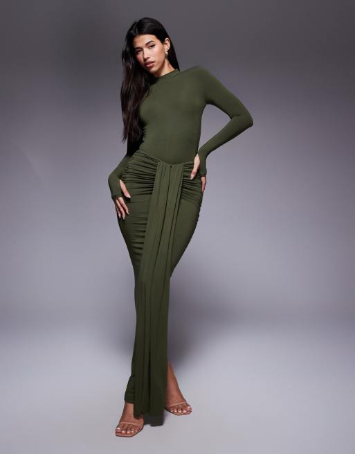 Wanderdoll Nara slinky drape front maxi skirt and second skin slinky high neck long sleeve bodysuit set in olive