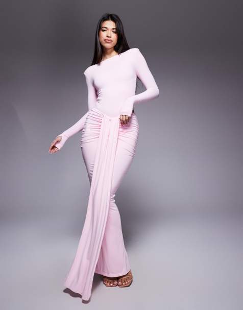 Wanderdoll Nara slinky drape front maxi skirt and second skin slinky slash neck long sleeve body co-ord in pink - view 1