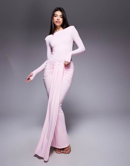 Wanderdoll Nara slinky drape front maxi skirt and second skin slinky slash neck long sleeve bodysuit set in pink