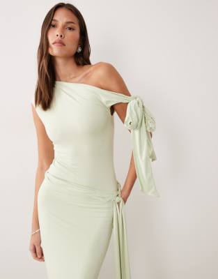 Wanderdoll Nelly Triple Layered Slinky Sculpted Tie Off The Shoulder Bodysuit In Green