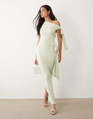 Wanderdoll Nelly triple layered slinky sculpted tie side maxi skirt co-ord in sage