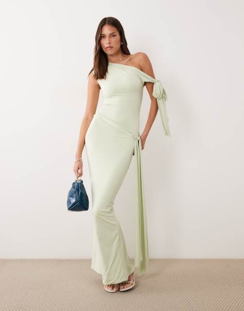 Wanderdoll Nelly triple layered slinky sculpted tie side maxi skirt co-ord in sage - view 1