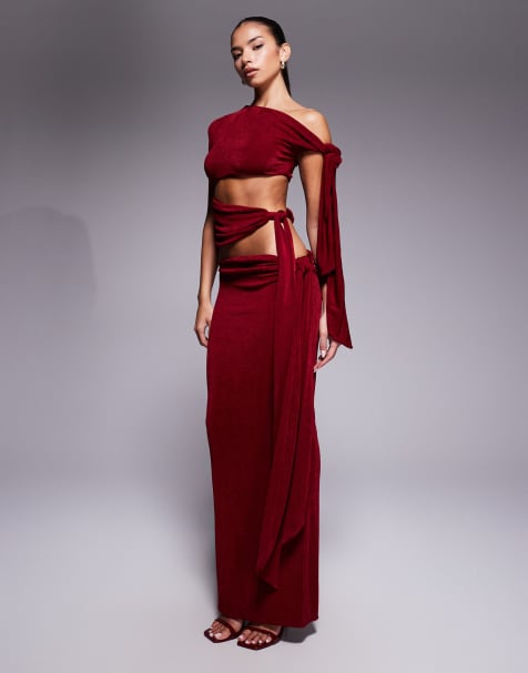 Wanderdoll Noa premium slinky drape side maxi skirt co-ord in wine