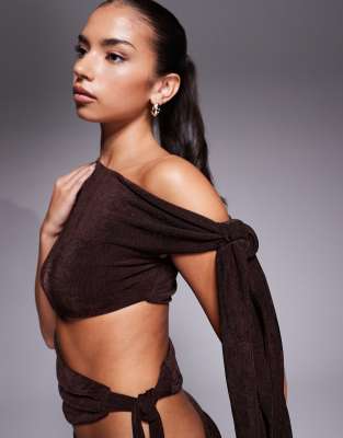 Wanderdoll Noa Premium Glitter Slinky Drape Off The Shoulder Tie Shoulder Top In Brown