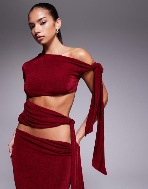 Wanderdoll Noa premium slinky drape off shoulder tie shoulder top co-ord in wine, 2 of 4