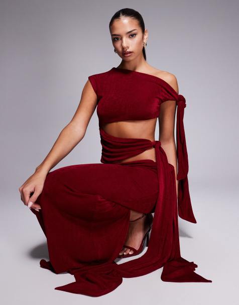 Wanderdoll Noa premium slinky drape off the shoulder tie shoulder top in wine - part of a set - view 1