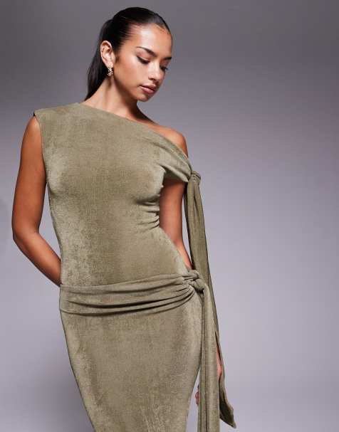 Wanderdoll Noa premium textured slinky drape off shoulder tie detail body co-ord in khaki