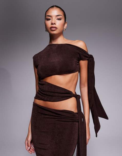 Wanderdoll Noa premium textured slinky drape off the shoulder tie detail bodysuit in espresso - part of a set - view 1