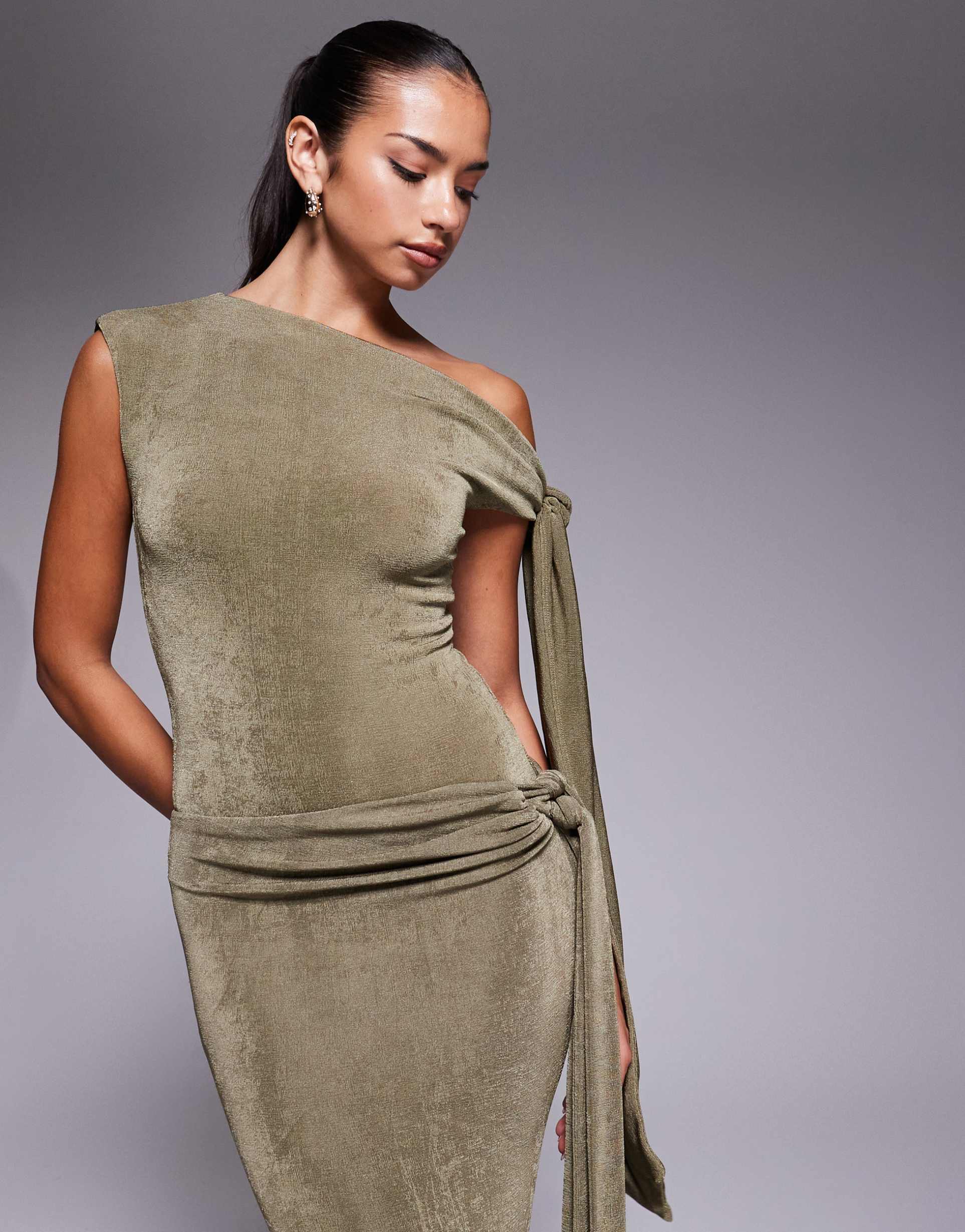 wanderdoll noa premium textured slinky drape off the shoulder tie detail bodysuit in khaki green - part of a set
