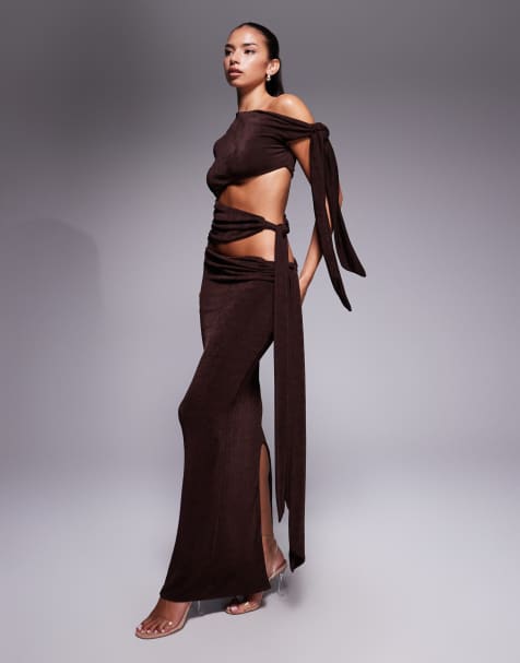 Wanderdoll Noa premium textured slinky drape tie side maxi skirt co-ord in espresso