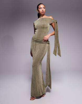 Wanderdoll Noa premium textured slinky drape tie side maxi skirt co-ord in khaki-Neutral