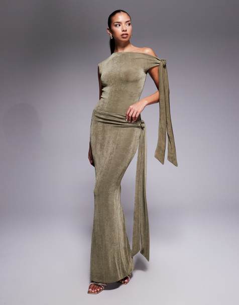 Wanderdoll Noa premium textured slinky drape tie side maxi skirt co-ord in khaki - view 1