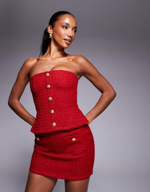 Wanderdoll Noel boucle bandeau gold button detail corset top in red - part of a set 
