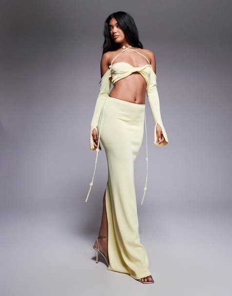 Wanderdoll - Ophelia - Citrongult strikket sæt med cropped top med halterneck og snoning foran og maxinederdel - view 1