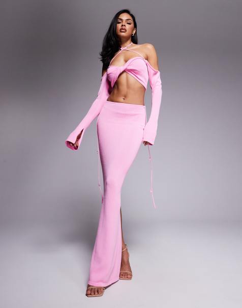 Wanderdoll Ophelia crochet flower tassel knitted maxi skirt co-ord in baby pink