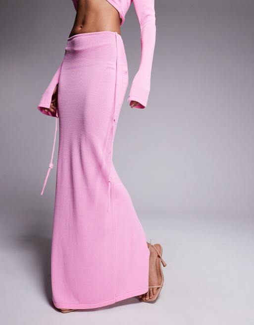 Wanderdoll Ophelia crochet flower tassel knit maxi skirt in baby pink - part of a set